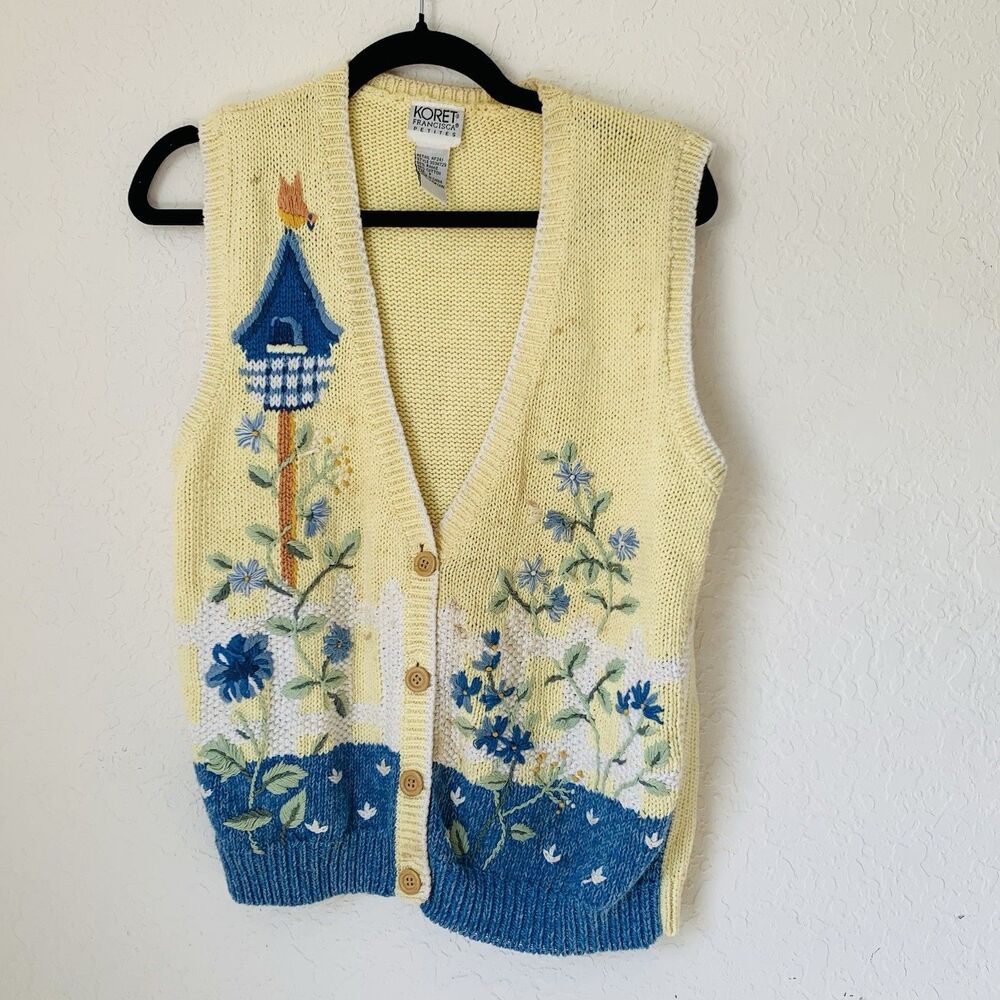 VTG Koret Sweater Vest 90s S* Petite Butter Yellow Bird Floral Granny Cottage